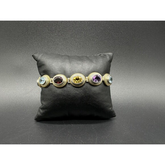 Sterling Silver 14k Gold Multi Gemstone Bracelet 7.25"~Garnet~Citrine~Amethyst - Picture 4 of 11